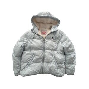 Levi's Puffer Jacket Unisex Large Light Blue Hooded Faux Fur Lined Rare Coat